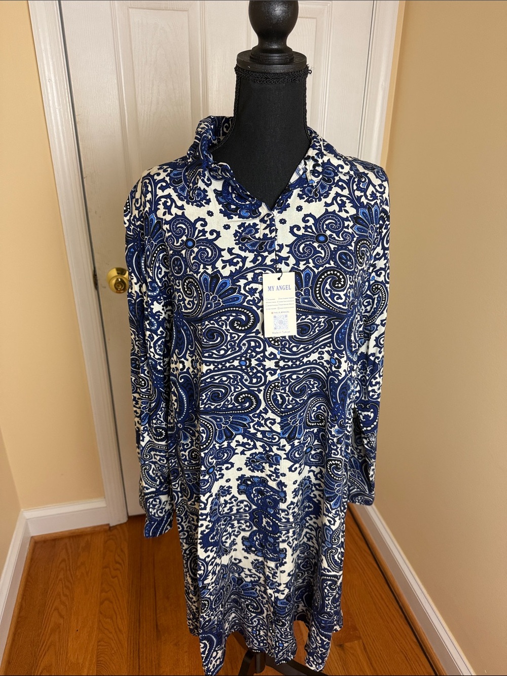 Angel Navy and White Paisley Long-Sleeve Shirt Dress